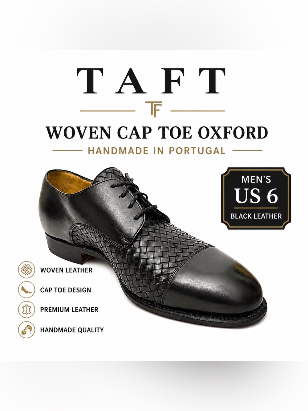 TAFT Black Woven Leather Cap Toe Oxford Shoes Men’s US 6 Handmade Portugal